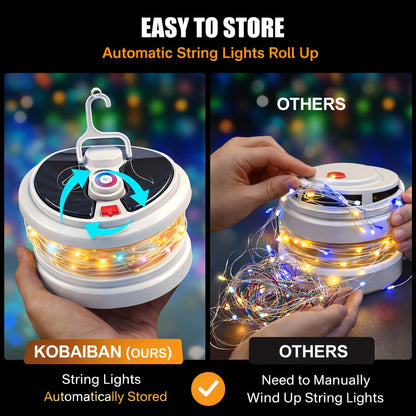 Solar Camping Lantern with Retractable String Lights – 2-in-1 LED Tent Light, 6 Modes, USB-C & Solar Rechargeable, Hand Crank, 10M String Lights, Portable Outdoor Camping Light for Camping, Patio & Emergency