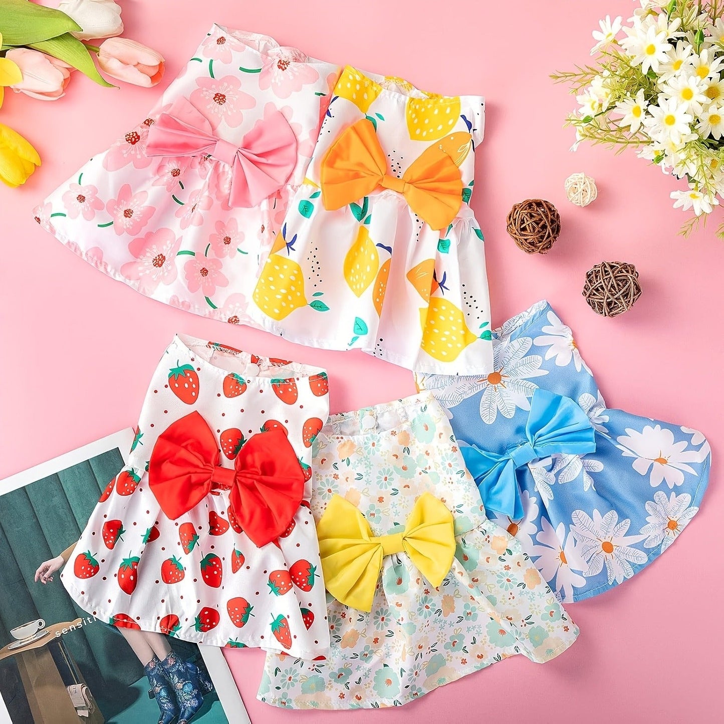 Dog Dress Floral Princess Bow - Cute Puppy Summer Dress for Small Dogs & Cats, Pink & Red Pet Dog Skirt with Bow Decoration, Summer Costume for Yorkshire Chihuahua Small Pets XS to XXL