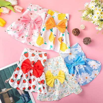 Dog Dress Floral Princess Bow - Cute Puppy Summer Dress for Small Dogs & Cats, Pink & Red Pet Dog Skirt with Bow Decoration, Summer Costume for Yorkshire Chihuahua Small Pets XS to XXL