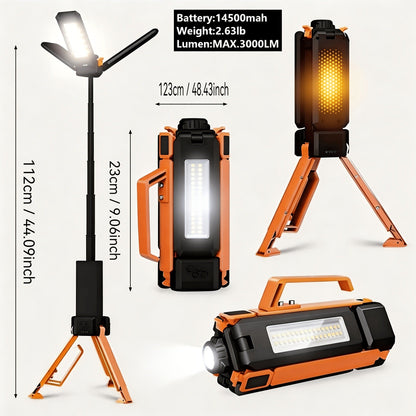 LED Camping Lantern with Tripod Stand, 6000/14500mAh Rechargeable Work Light, 10 Light Modes, 3 Height Adjustments, USB Powered Portable Outdoor Flashlight for Camping, Emergency & Courtyard Use