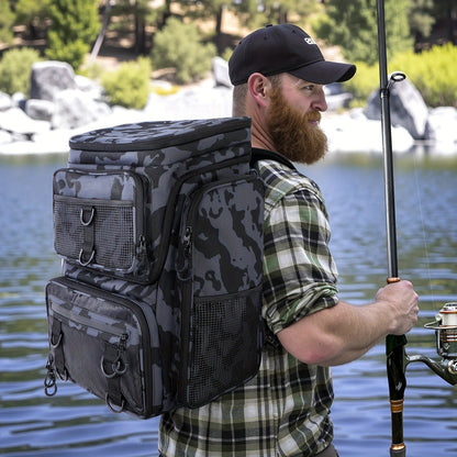 Waterproof Fishing Rod Backpack 42L – Built-In Rod Tube, 16 Pockets & Insulated Cooler Option | Black, Camo, Khaki, Gray