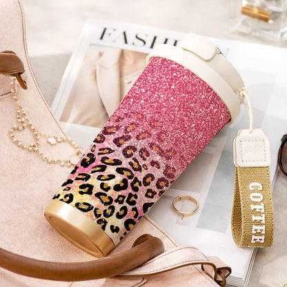 Insulated Stainless Steel Tumbler 18oz - Pink Glitter & Golden Leopard Print, Leak-Proof Foldable Straw Lid, Keep Hot 12H Cold 24H, Trendy Travel Coffee Cup Gift for Women