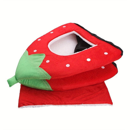 Small Animal Hideaway Bed 2pcs – Strawberry Plush Hideout for Guinea Pigs, Hamsters & Rabbits, Semi-Enclosed Warm Nest with Leaf Design, Washable, Multiple Color Options