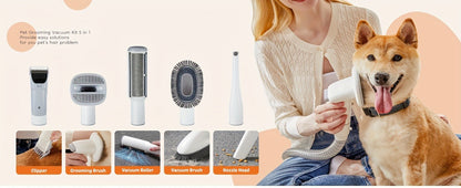Pet Grooming Vacuum Kit 5-in-1 Professional Clippers 99% Hair Suction 6 Guide Combs Multifunctional Dog Cat Grooming Tools White Blue Grey