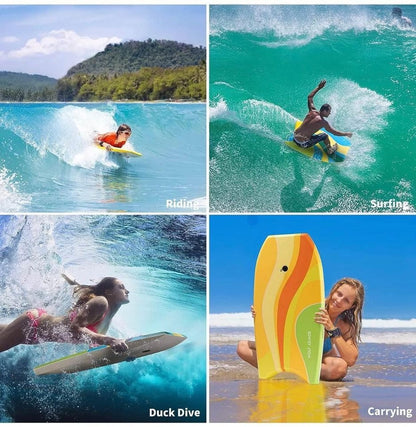 XPE Bodyboard 37'' or 41'' Crescent Tail Slick Rails EPS Core HDPE Bottom Wrist Leash for Kids Teens Adults Beach Ocean Pool Blue Orange