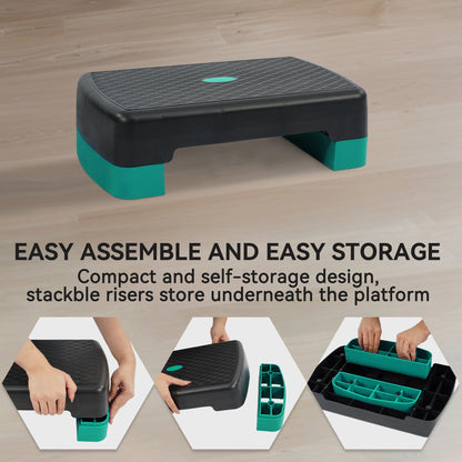 Aerobic Step Platform Adjustable Height with 2 Risers – Non-Slip Workout Stepper 18"x11", 440 LB Capacity, Space-Saving Design for Home Gym Cardio, Strength & Toning, 4 Color Options