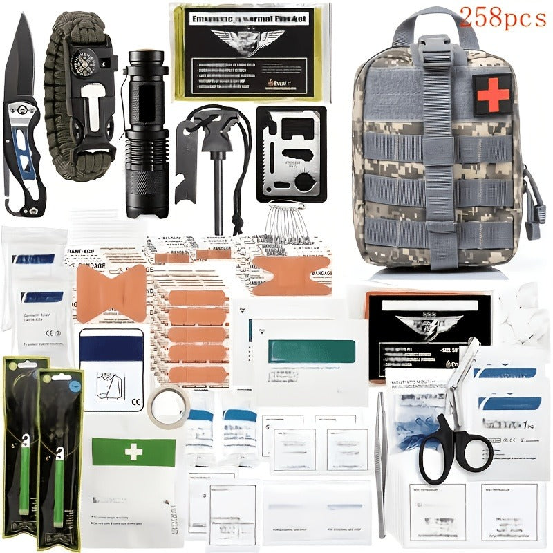 Outdoor Survival Gear Set 11/13/258-Piece – Professional Emergency Kit with Fire Starter & Compass | Multi-Tool Outdoor Equipment for Camping, Hiking & Adventure