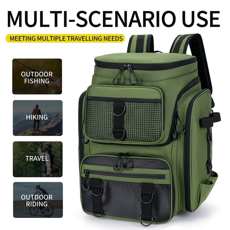 Fishing Backpack with Rod Holder 45L – Large Capacity Outdoor Tackle Bag, Waterproof Travel Shoulder Pack for Fishing Camping Hiking, Multi-Pocket Lure Storage Rucksack with Zipper Closure