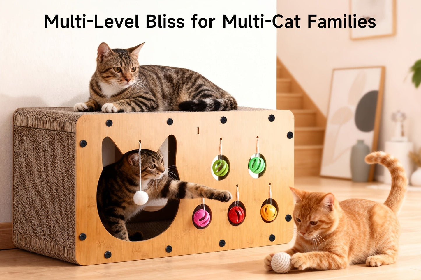 Cat Scratching Board with Interactive Rolling Ball – Multifunctional Cat Furniture for Scratching Playing & Resting, Sturdy Breathable Design, Perfect Cat Toy Gift for Indoor Cats