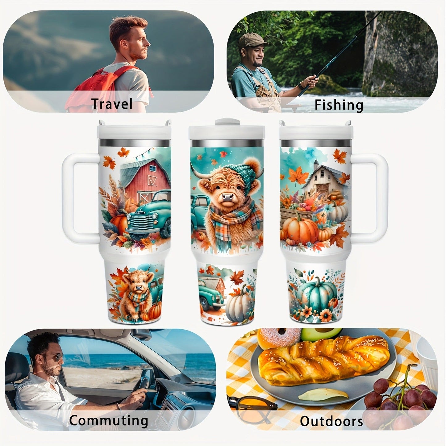 Stainless Steel Insulated Tumbler With Lid and Straw, 40oz & 16oz Highland Cow Thanksgiving Water Bottle With Handle, Keeps Cold 24 Hours Hot 12 Hours, Portable Travel Cup for Car Home Office Birthday Gift