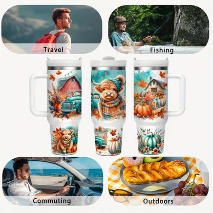 Stainless Steel Insulated Tumbler With Lid and Straw, 40oz & 16oz Highland Cow Thanksgiving Water Bottle With Handle, Keeps Cold 24 Hours Hot 12 Hours, Portable Travel Cup for Car Home Office Birthday Gift