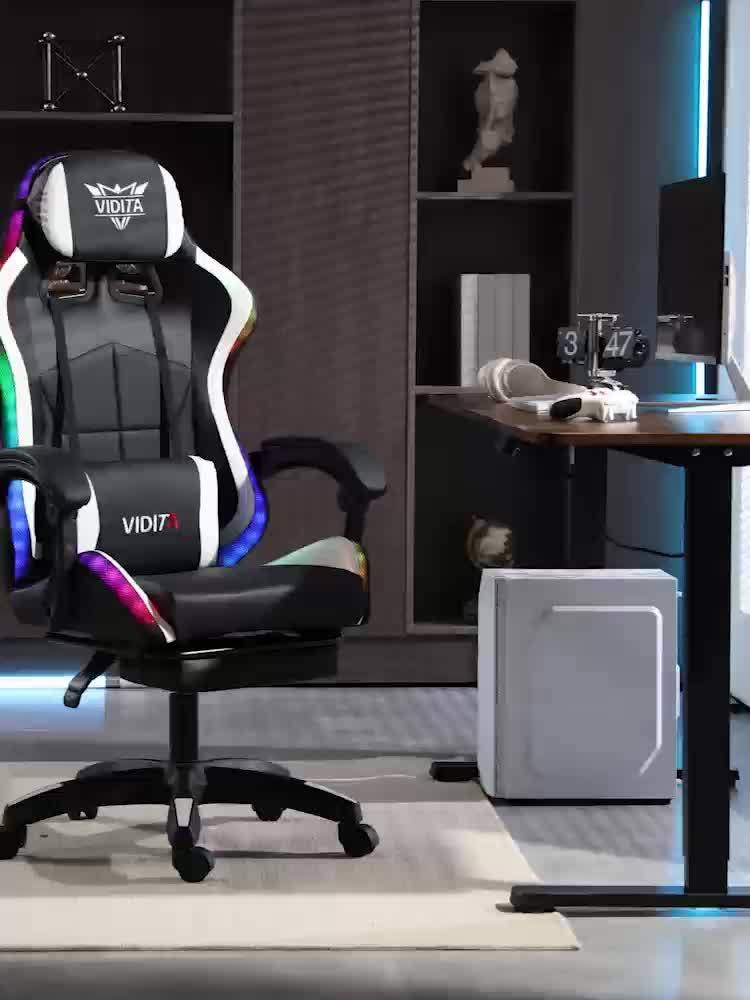 RGB Gaming Chair with LED Lights Footrest Ergonomic Gaming Chair with Massage Lumbar Support Reclining Video Game Chair for Adults Home Office Computer Chair with USB RGB Lighting
