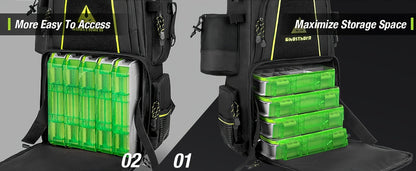 Large Fishing Tackle Bag with 4 Tackle Boxes – 43L Backpack with Rod Holder, Detachable Waist Pack & Gear Storage for Men Women | Black, Khaki & Camo