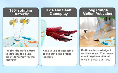 Interactive Cat Toy Electric Motion Activated 2-in-1 Rotating Butterfly & Feather Wand - USB Rechargeable 1200mAh Auto Shut-Off 3 Speed Modes Indoor Cat Exercise Toy by Valonii