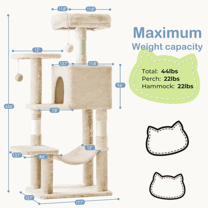 44-Inch Cat Tree Tower with Condo & Hammock - Multi-Level Indoor Cat Tree with Natural Sisal Scratching Posts, Perches & Pet House for Cats & Kittens, Stable Cat Climbing Tower, 5 Colors