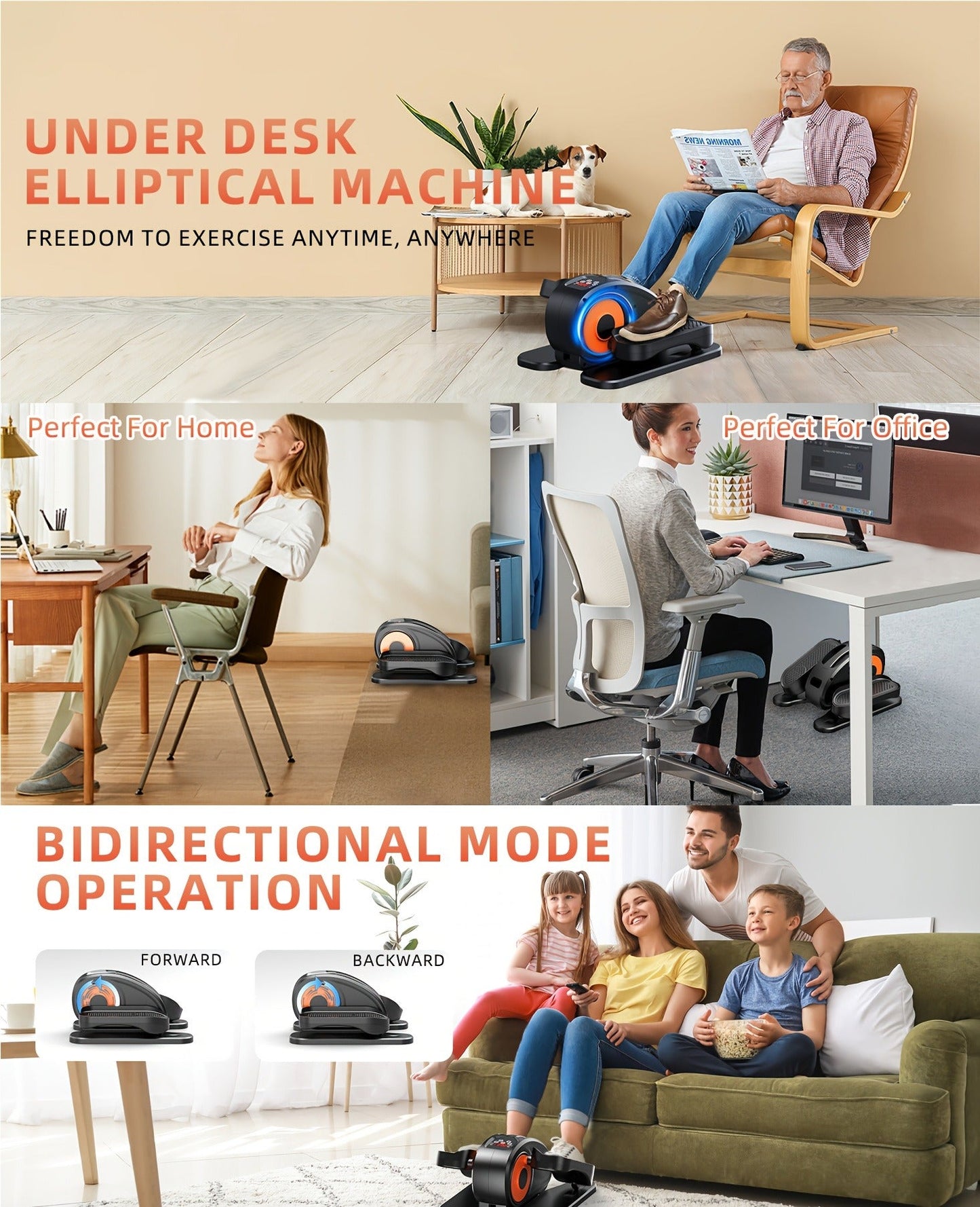 Under Desk Elliptical Machine Fully Assembled Quiet Portable Seated Pedal Exerciser with Remote Control 12 Adjustable Speeds for Home Office Workout Low Impact Leg Exercise Equipment