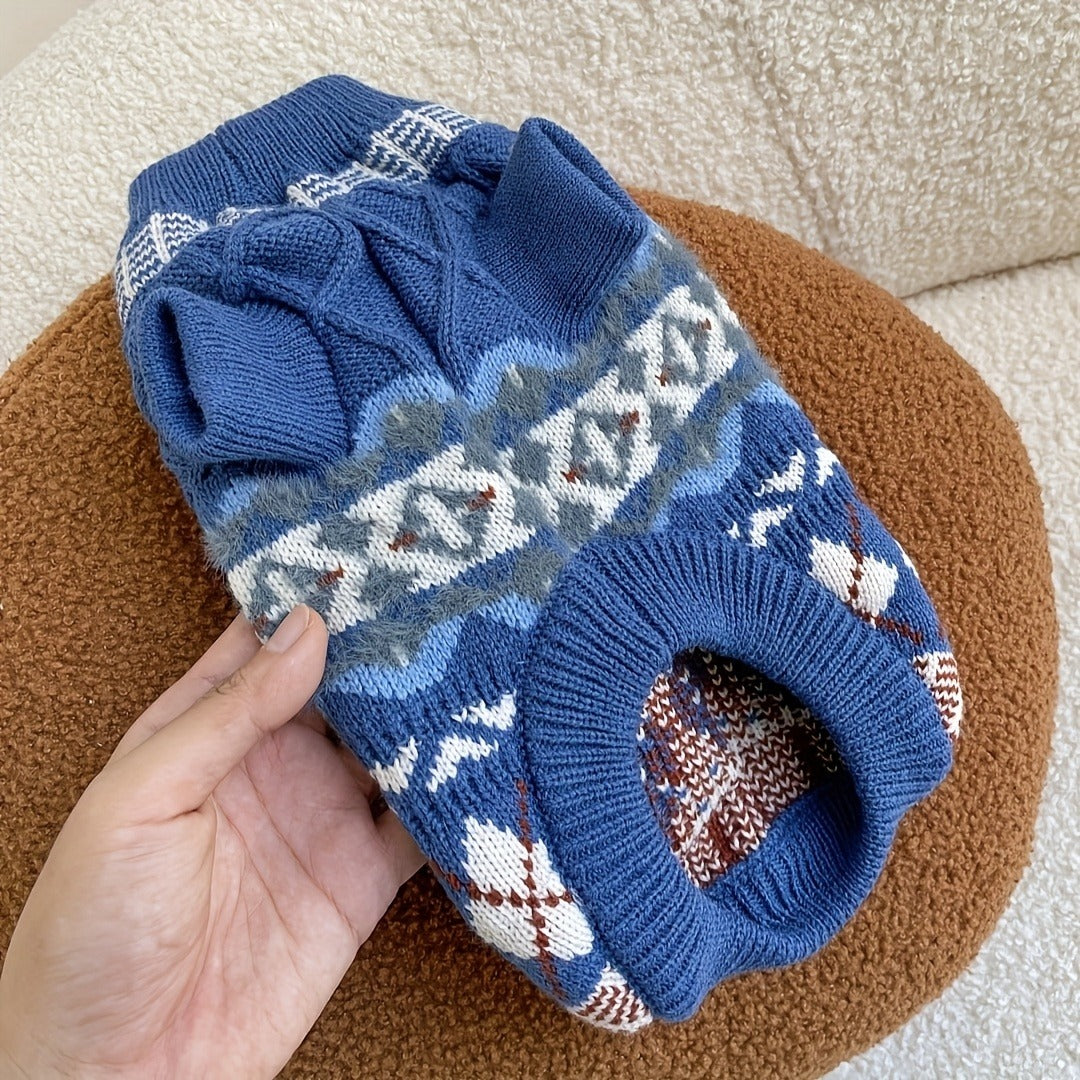 Cable Knit Dog Sweater Turtleneck - Thick Warm Winter Pet Pullover with Fair Isle Pattern, Cozy Cold Weather Knitwear for Small Medium Large Dogs & Cats, Outdoor Dog Clothes XS-XL, Beige & Blue