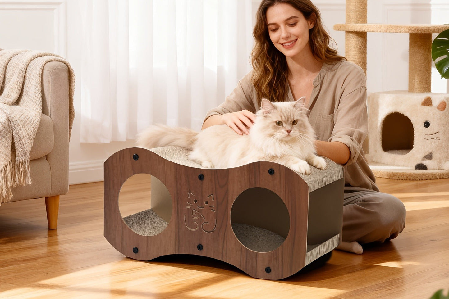 Cat Scratching Post with Integrated Cat Bed - Sturdy Walnut Wood Base, 4-Season Woven Scratch Pad, Indoor Cat Scratcher Lounge for Scratching, Lounging & Play, Oak Color with Optional Cat Toy