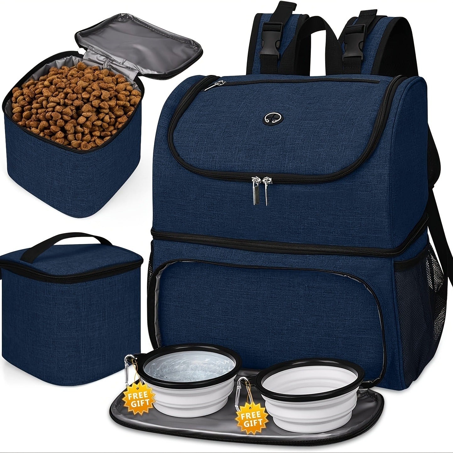 Pet Travel Backpack Double Layer Dog Cat Supplies Bag with 2 Collapsible Bowls 2 Food Baskets Portable Organizer for Outdoor Hiking Camping Road Trip