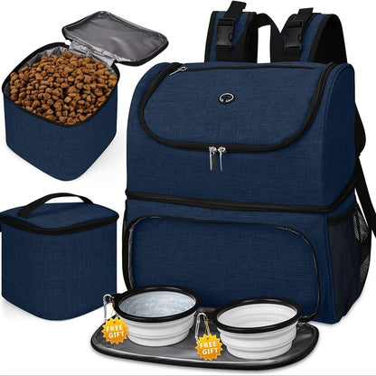 Pet Travel Backpack Double Layer Dog Cat Supplies Bag with 2 Collapsible Bowls 2 Food Baskets Portable Organizer for Outdoor Hiking Camping Road Trip