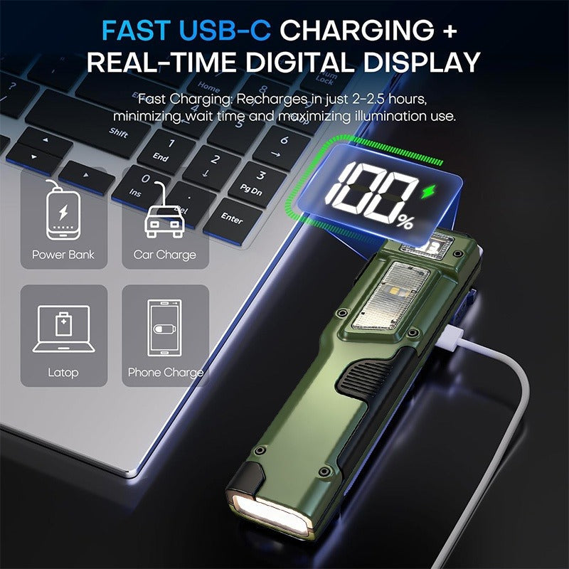 Tactical LED Flashlight EDC Flat Design - 3000 Lumen Rechargeable Torch, 8 Modes UV Light, Aluminum Body, Digital Display, 100M Range for Camping, Hiking & Emergency