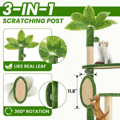 Cat Tree 55" Large Multi-Level Cat Tower for Indoor Cats with Green Leaves, Hammock, Sisal Scratching Posts & Hanging Ball Toy – Cat Furniture for Living Room