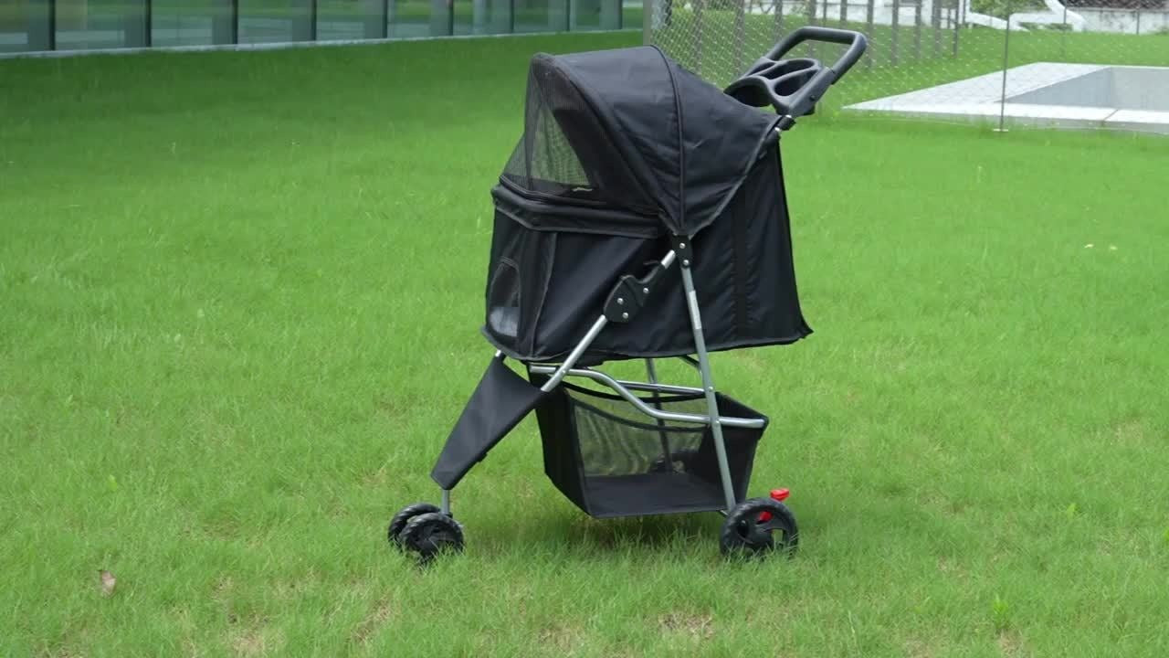 3-Wheel Pet Stroller for Small & Medium Dogs Cats - Foldable Jogger Stroller with Weather Cover, Storage Basket & Cup Holder, Breathable Mesh Window, All-Season Outdoor Walk Pram, Black