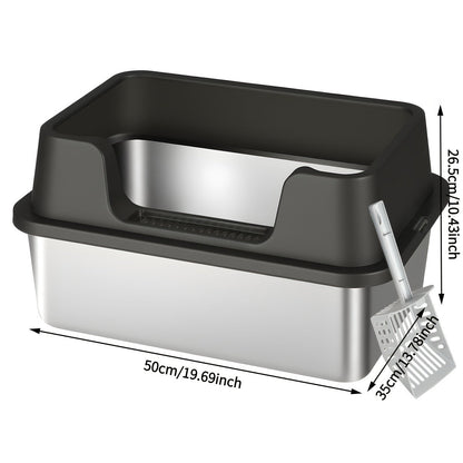 Stainless Steel Cat Litter Box with Scoop - High-Wall Semi-Enclosed Design, Non-Stick Easy Clean Surface, Anti-Leakage Odor Control, 2 Sizes for Kittens & Multiple Cats, Modern Metal Pet Toilet