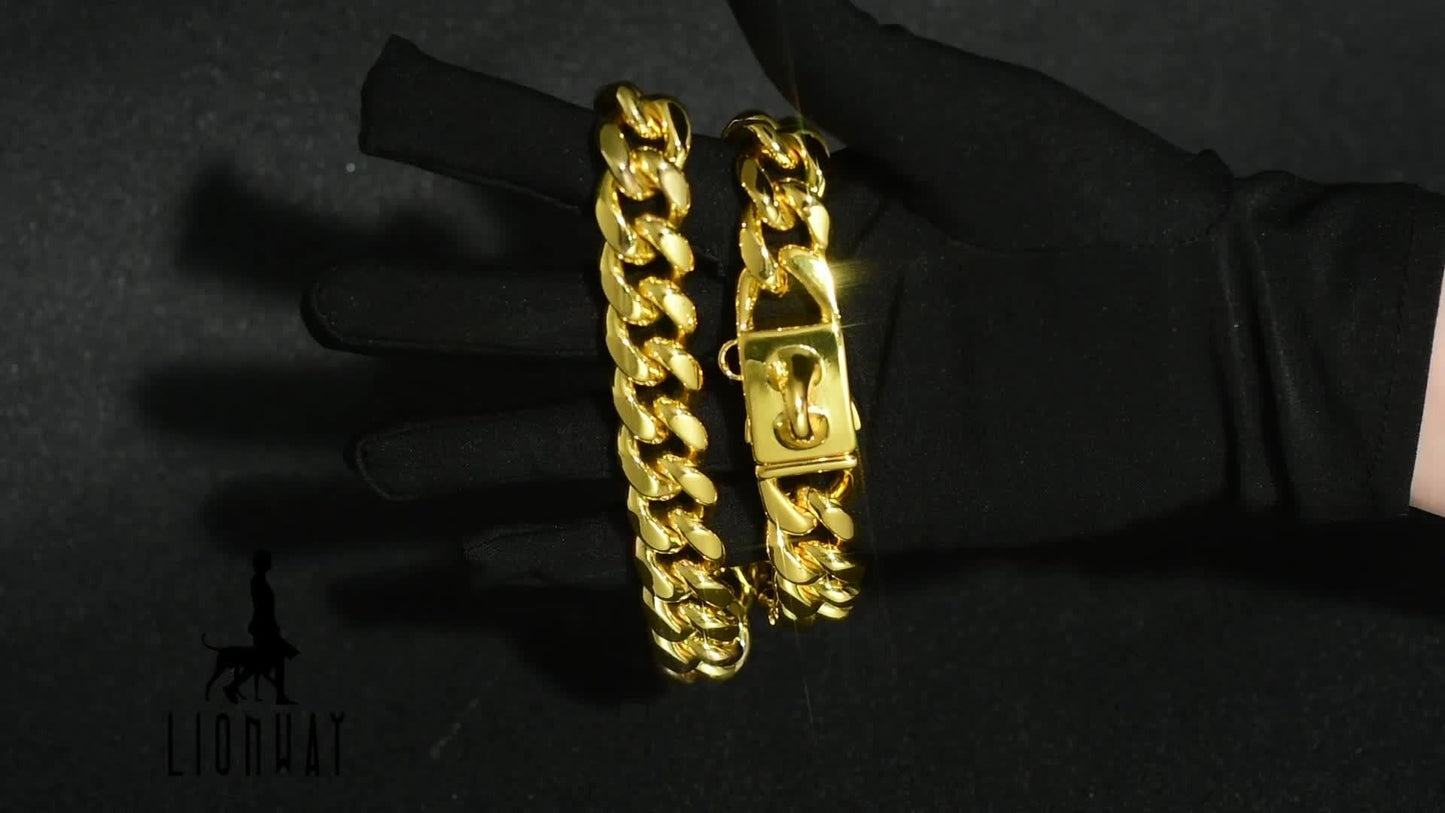 Cuban Link Dog Chain Collar – 19mm Gold Plated Stainless Steel with Snap Lock, 6 Sizes for Puppy Small Medium Large Dogs
