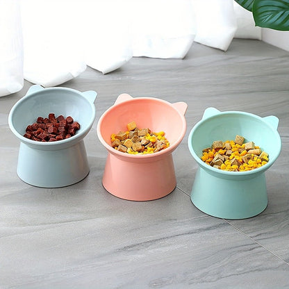 Cat Ear Shaped Raised Cat Bowls Set of 3 - Elevated Feeder Anti-Slip Base Neck Comfort Design, Pink Green Blue Feeding Dish for Cats & Small Pets