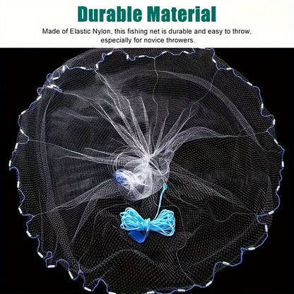Throw Cast Net 8FT 10FT Transparent Thread Nylon Mesh 3/8in, Galvanized Zinc Sinkers 26ft PE Braid Hand Line No-Ring Design for Shrimp Bait Trapping Pond River Saltwater Fishing