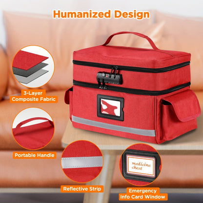 Lockable Medicine Organizer Bag with Combination Lock, Double-Layer Large Capacity Pill Bottle Storage Case for Prescription Bottles First Aid Supplies Home Travel, Portable Medication Carry Bag Red Grey Black