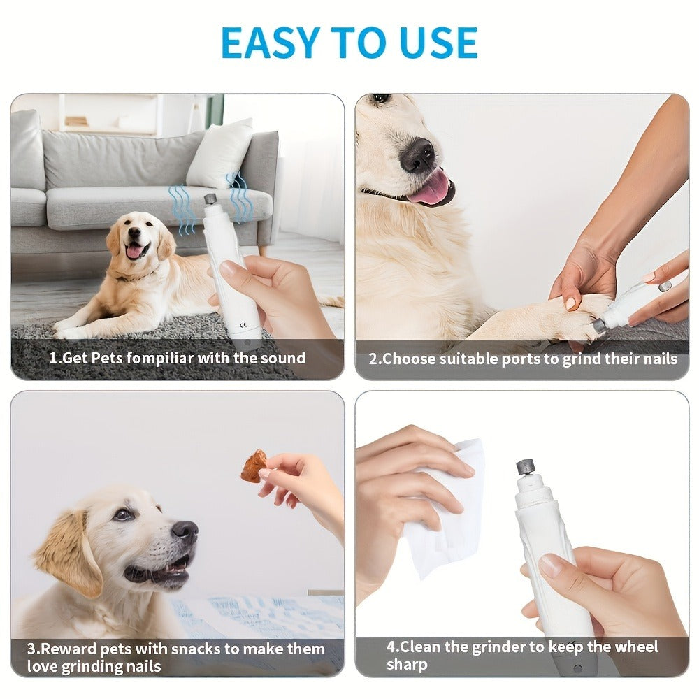 Electric Pet Nail Grinder 2-Speed 3-Port - Rechargeable Quiet Dog Cat Nail Trimmer with 3 Hour Battery Life, Painless Paw Nail Polisher for Small Medium Large Dogs All Breeds, White