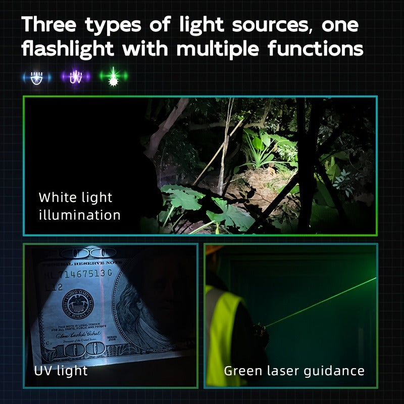 3-in-1 UV Flashlight 1000 Lumen White Light UV365 Green Light Rechargeable Magnetic Torch for Inspection Outdoor Camping Home