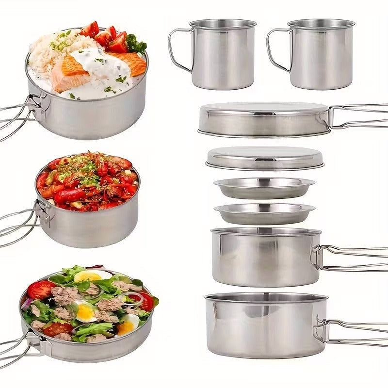 Camping Tableware Set 8 Piece Stainless Steel – Portable Outdoor Dining Set with Foldable Handle Plates, Cups & Utensils | Lightweight Camping Cookware for 2-3 People, Picnic, BBQ & Hiking