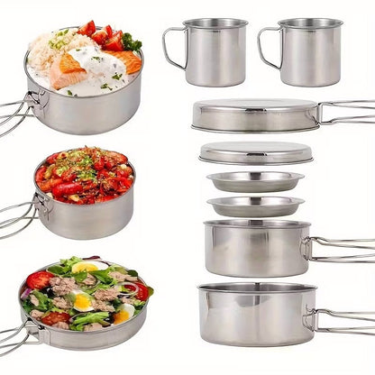 Camping Tableware Set 8 Piece Stainless Steel – Portable Outdoor Dining Set with Foldable Handle Plates, Cups & Utensils | Lightweight Camping Cookware for 2-3 People, Picnic, BBQ & Hiking