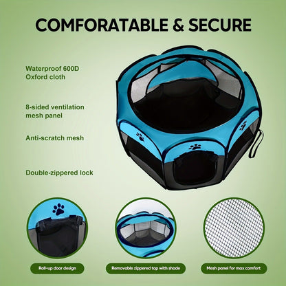 Foldable Octagonal Pet Tent & Playpen – Oxford Cloth Scratch-Resistant Dog Cage & Cat Kennel for Indoor & Outdoor Use, Portable Pet Fence for Puppies & Cats, Travel & Camping, M/L/XL