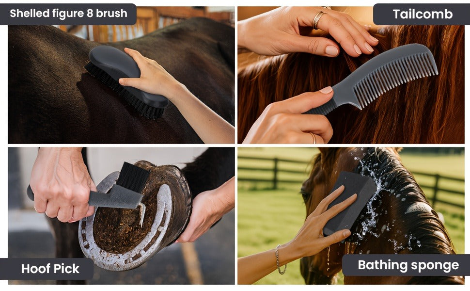 Horse Grooming Kit 11-Piece Set with Storage Bag – Complete Beginner & Daily Care Set with Curry Comb, Reversible Brush & Braiding Tools | SEAOTTER Professional Equine Grooming Supplies, Black