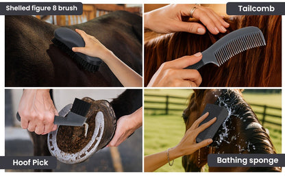 Horse Grooming Kit 11-Piece Set with Storage Bag – Complete Beginner & Daily Care Set with Curry Comb, Reversible Brush & Braiding Tools | SEAOTTER Professional Equine Grooming Supplies, Black