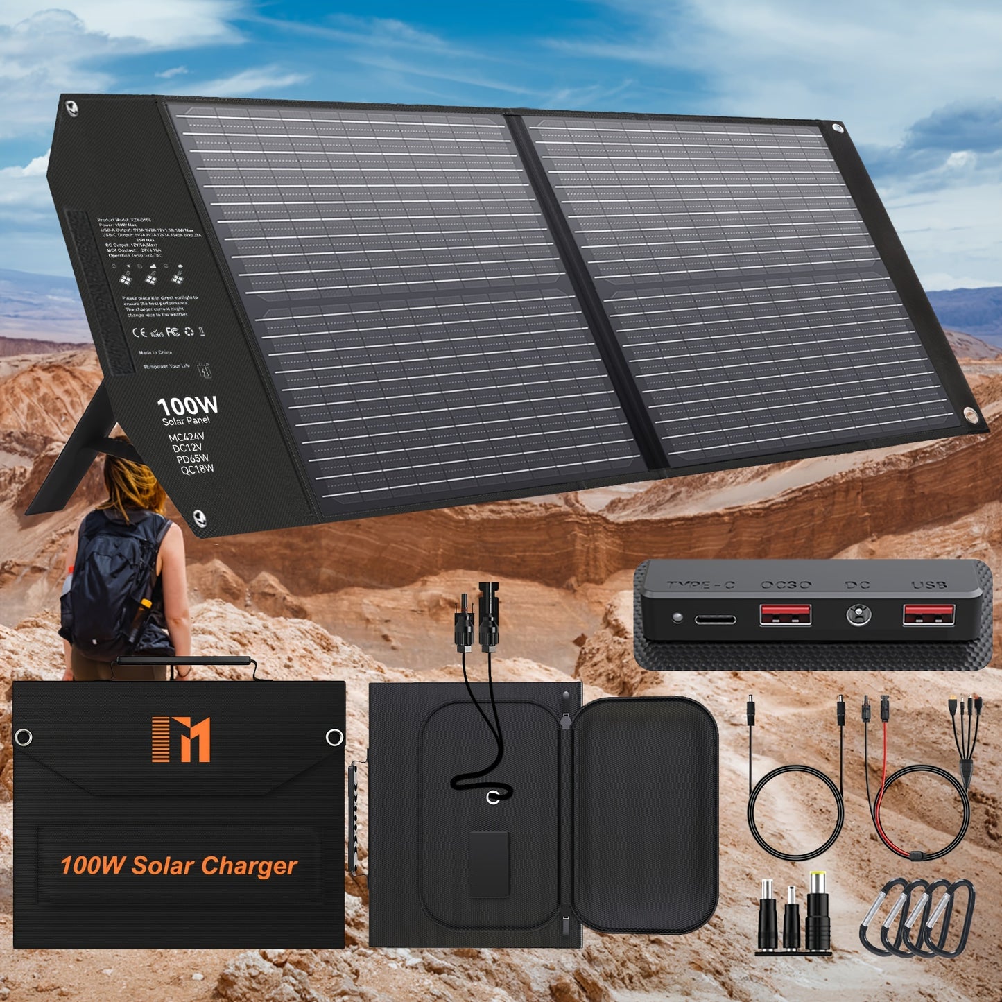 [Portable Solar Charger] Camping Essential 30W/60W/100W Portable Solar Charger With 18V MC4, 2*USB-A QC3.0, And USB-C PD18W Ports