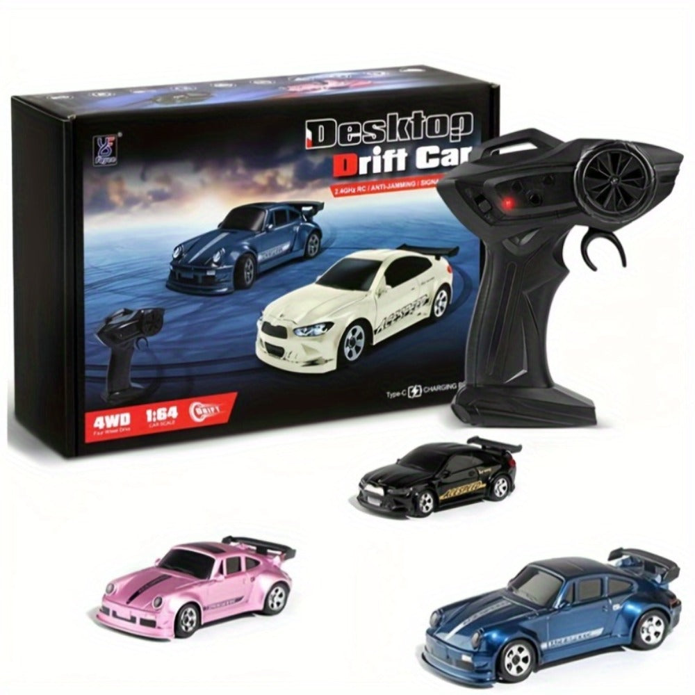RC Drift Car 1/64 Scale 4WD with LED Lights – High-Speed Remote Control Racing Sports Car, Desktop Mini RC Toy for Boys Kids Teens, Birthday Christmas Gift Black Blue