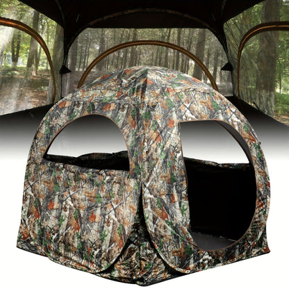 Pop-Up Hunting Blind 270 Degree See-Through for 2-3 Person, Camouflage Ground Blind with Carrying Case for Deer Turkey Hunting, Quick Setup Polyester Hunting Shelter Tree Trunk Fallen Leaves Camo