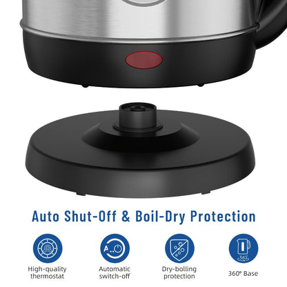 Electric Kettle 1200W Fast Boiling 1.8L Stainless Steel BPA-Free Auto Shut-Off Boil-Dry Protection 360 Swivel Base for Coffee Tea Kitchen Camping Office Home