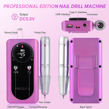 Nail Drill Machine 45000 RPM Brushless Motor 10-Hour Battery Electric Nail File with LCD Smart Screen 6 Drill Bits 6 Sanding Bands – Forward Reverse Low Noise Nail Grinder for Gel Acrylic Nails Home Salon