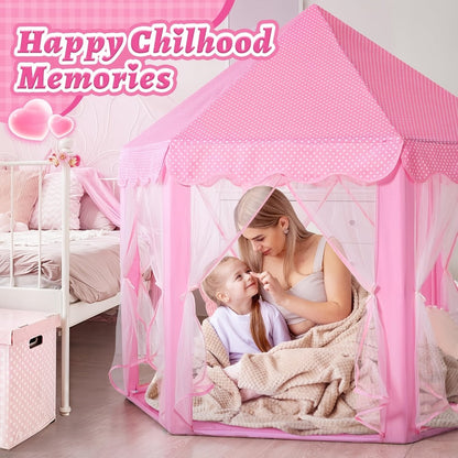 Pink Princess Hexagon Play Tent for Girls Indoor Dream Castle with Gauze Curtain Reading Corner Secret Base Kids Room Decor Pretend Play Birthday Gift Toddlers