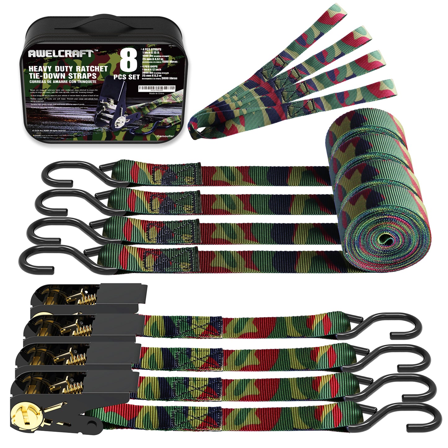 4-Pack Ratchet Tie Down Straps with 4 Soft Loops – 15FT, 1500 lbs Breaking Strength, Heavy Duty for Moving, Motorcycle, Lawn Gear, Multi-Color (Orange, Blue, Camo, Green, Red, Yellow)