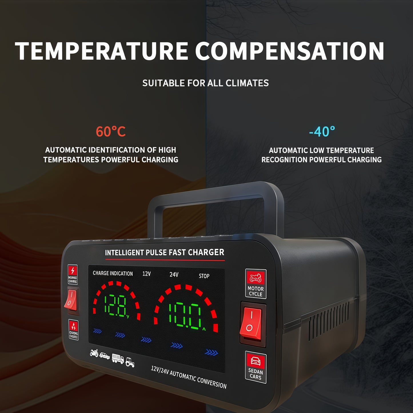 Car Battery Charger 12V/24V with LCD Display – Fast Charging Portable Maintainer for Cars, Trucks, RVs & Motorcycles, Overcharge Protection, Lead-Acid Compatible