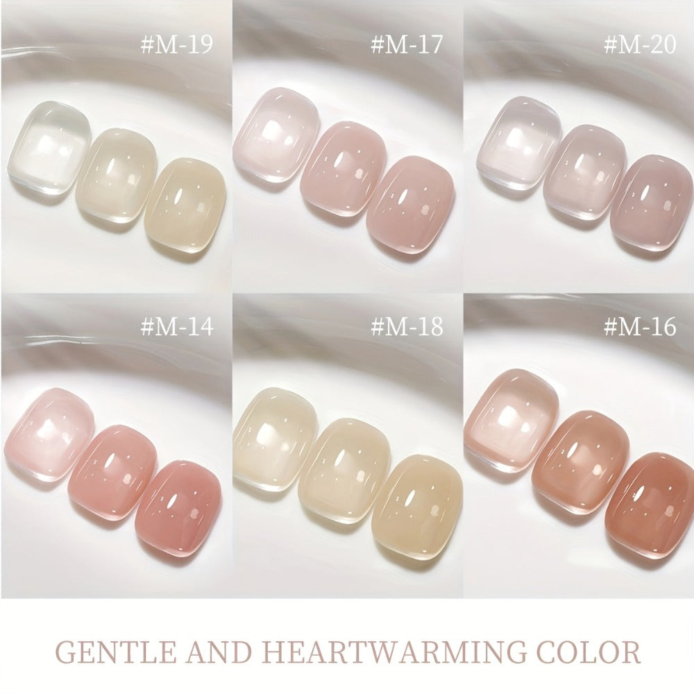 Jelly Gel Nail Polish Set 6 Colors Glass Nail Look Translucent Buildable Coverage 0.51oz Each - Semi-Permanent Soak-Off UV LED High-Gloss Salon Finish Nail Art Kit for Women Shades M14 M16 M17 M18 M19 M20