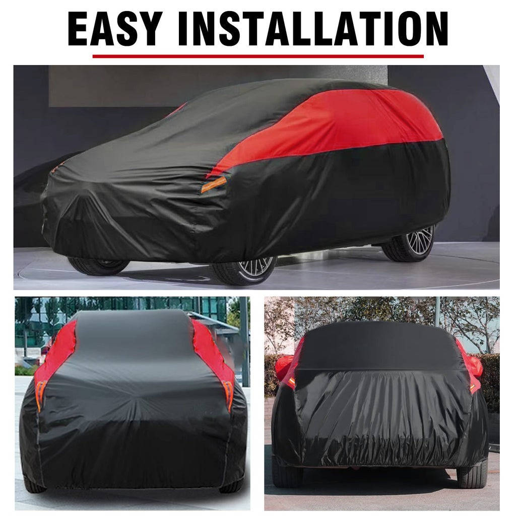 Universal Fit Outdoor Car Cover 170T Polyester Thickened Fabric with Reflective Strips, Full Exterior Sunshade Dustproof Protection for Sedan SUV - Black & Red