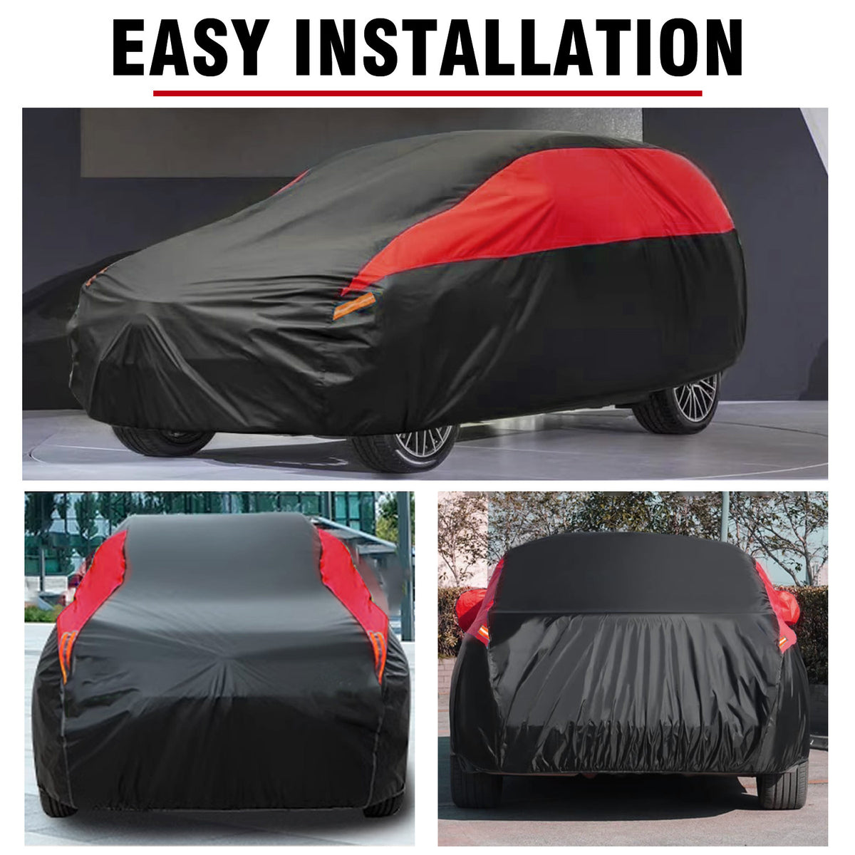 Universal Fit Outdoor Car Cover 170T Polyester Thickened Fabric with Reflective Strips, Full Exterior Sunshade Dustproof Protection for Sedan SUV - Black & Red